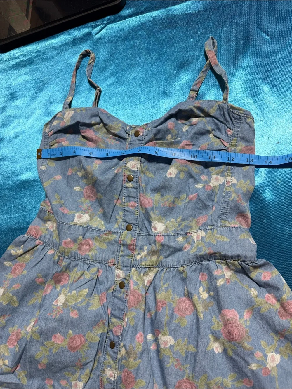Tinseltown Chambray Floral Button-Front Sundress in Blue and Pink